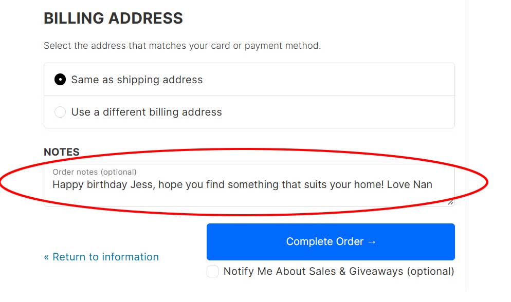 Gift cards personalised message